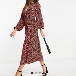 Glamorous midi wrap dress in red rose floral